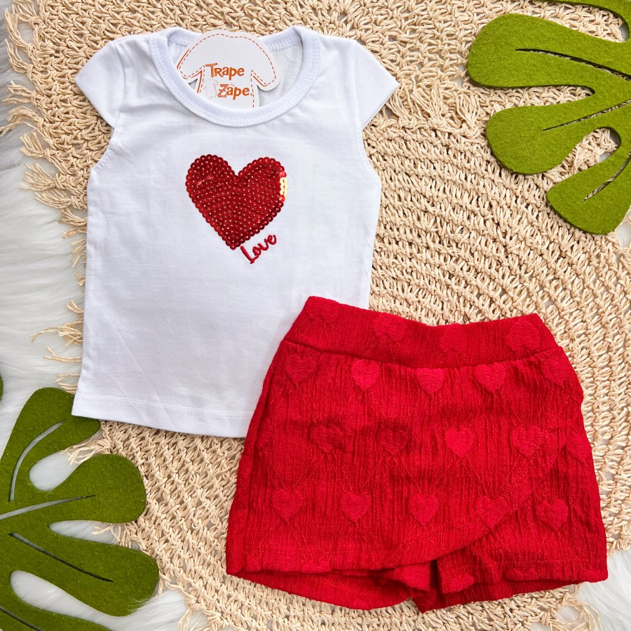 Conj. Blusa Coração Love Paetê e Short Anarruga - Branco e Vermelho